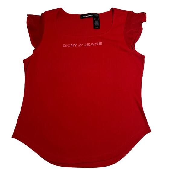 DKNY Jeans Logo Cap Sleeve Top Size Large Square Neck Y2K Casual 90s Colorful - Picture 1 of 7